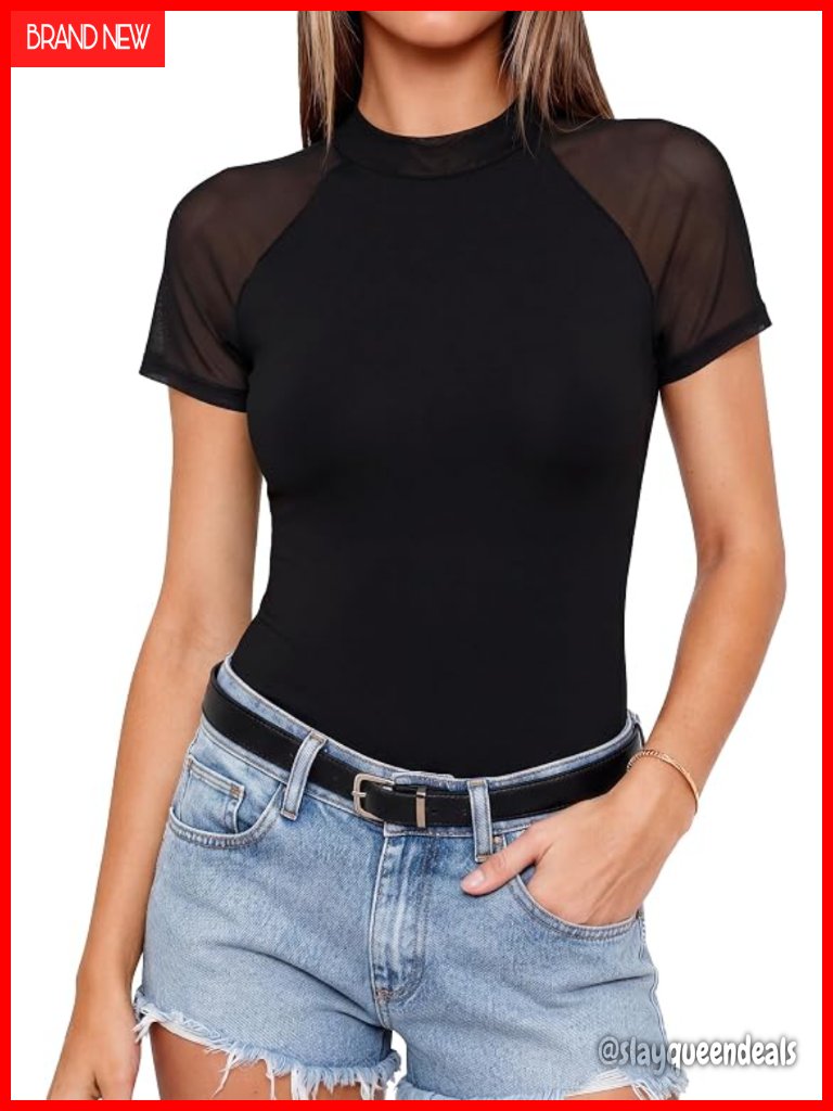 Sheer Mesh Mock Neck Blouse Double Lined Fitted Short Sleeve Top